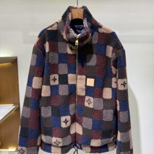 Checkered Teddy Fleece Zip Jacket - Contrast Pattern Bomber